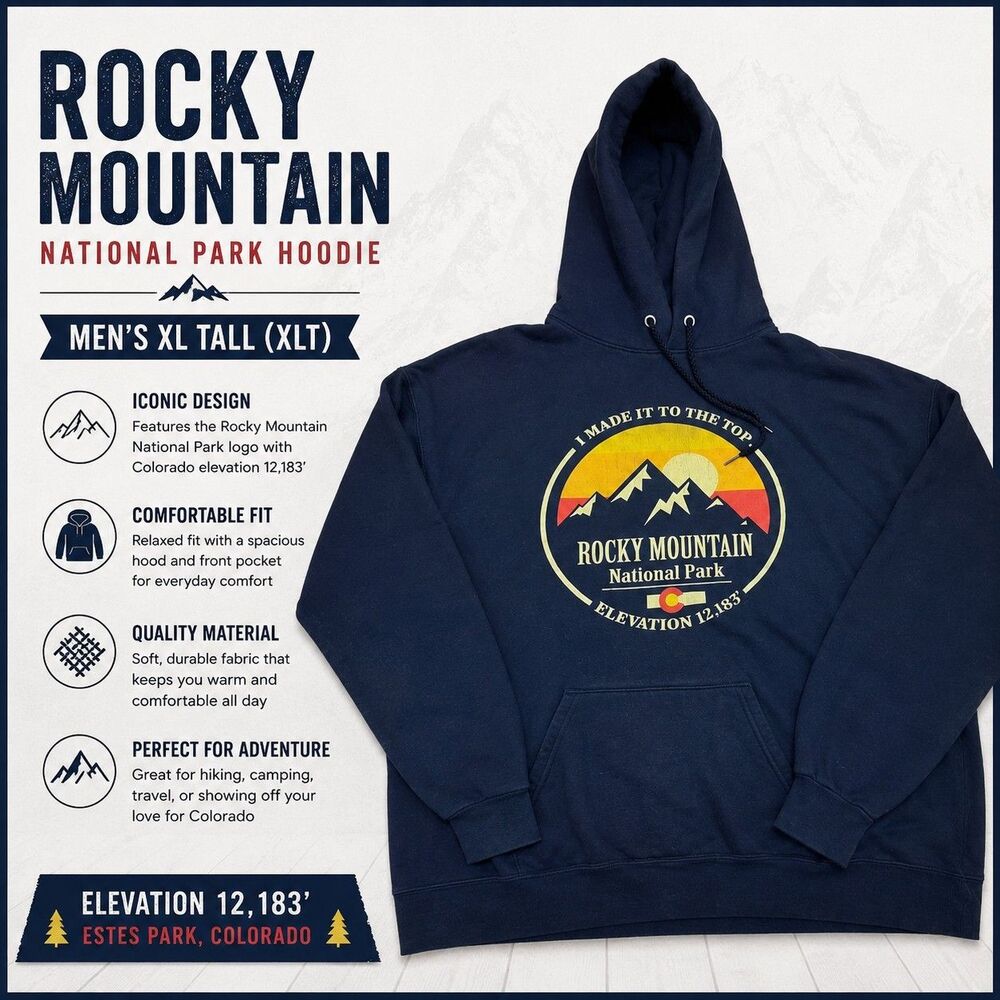 Rocky Mountain National Park Hoodie Men's XL Tall XLT Colorado 12,183'